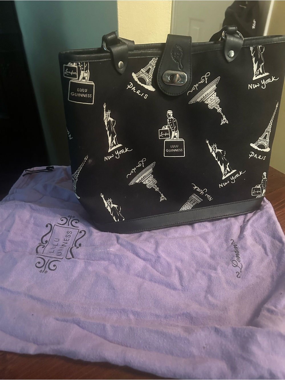 Lulu Guinness Black Tote with White Travel Motif Print